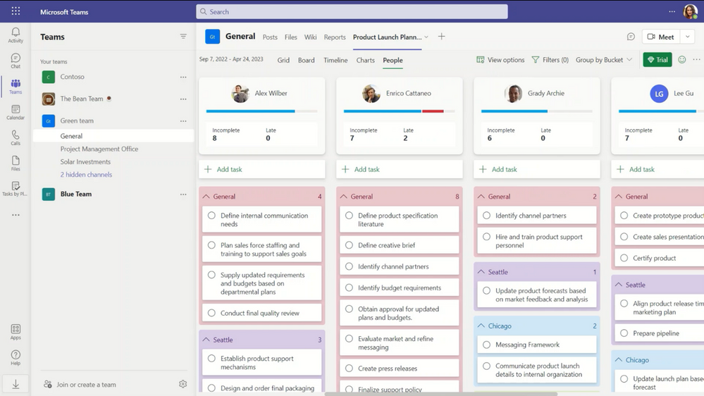 thumbnail image 2 of blog post titled 			 																													Manage your team’s workloads with the new People view!																																Each project team member with at least one task assigned to them is represented with a People card which summarizes their assigned tasks - here showing as a tab in Microsoft Teams.