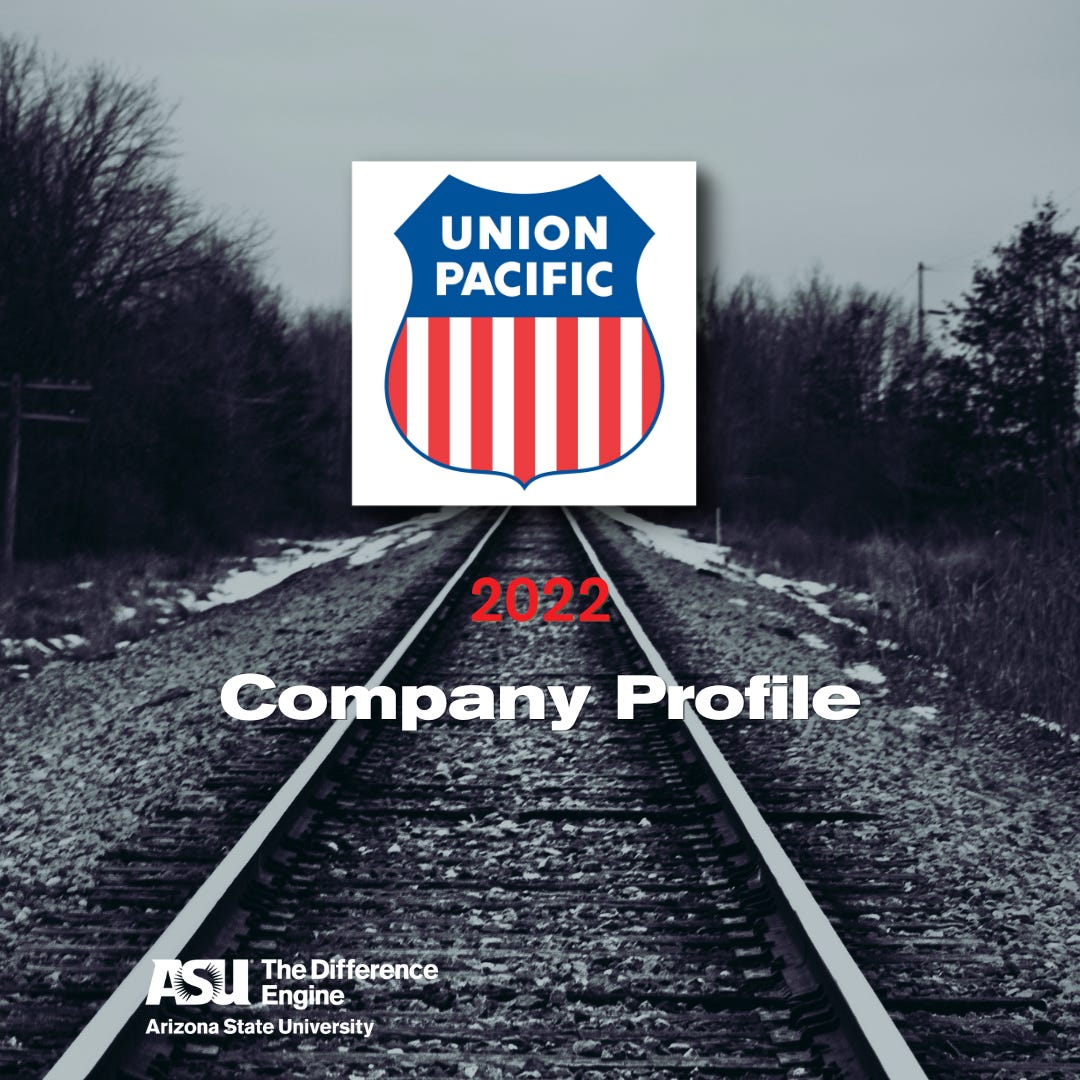 Overlaid on an image of a railroad track is the Union Pacific logo and the words 2022 Company Profile. The Difference Engine logo resides on the bottom left