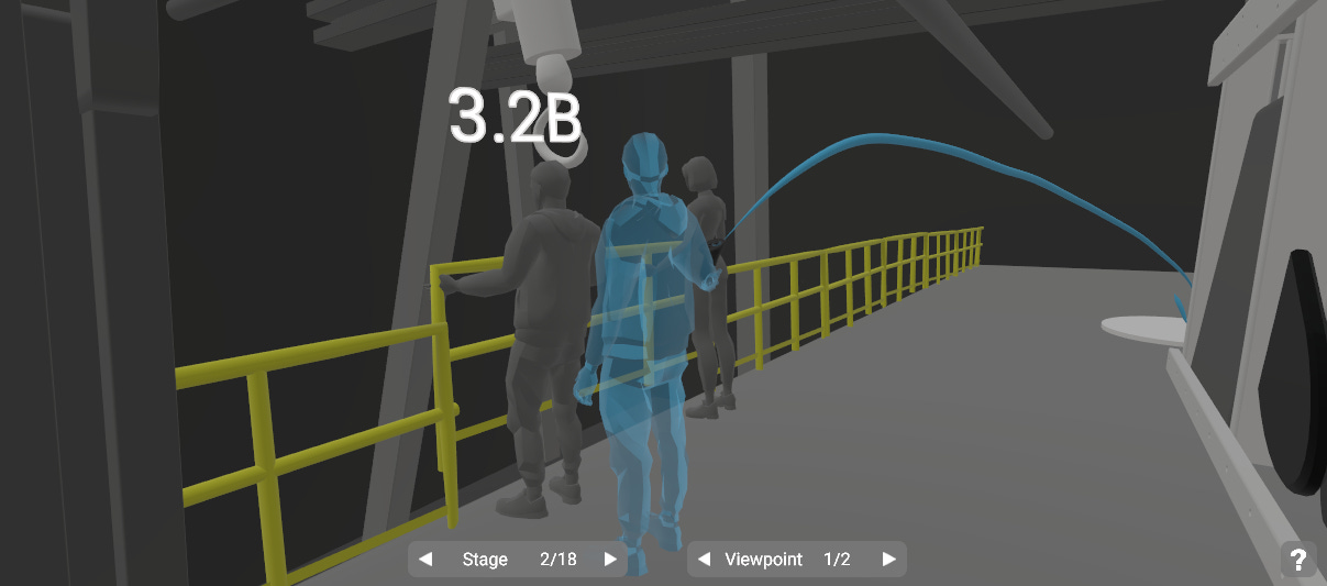ShapesXR 3D environment with two models of people removing a section of railing on a mezzanine. There is a hologram model of a person with a curved laser pointing to a location they will teleport to.