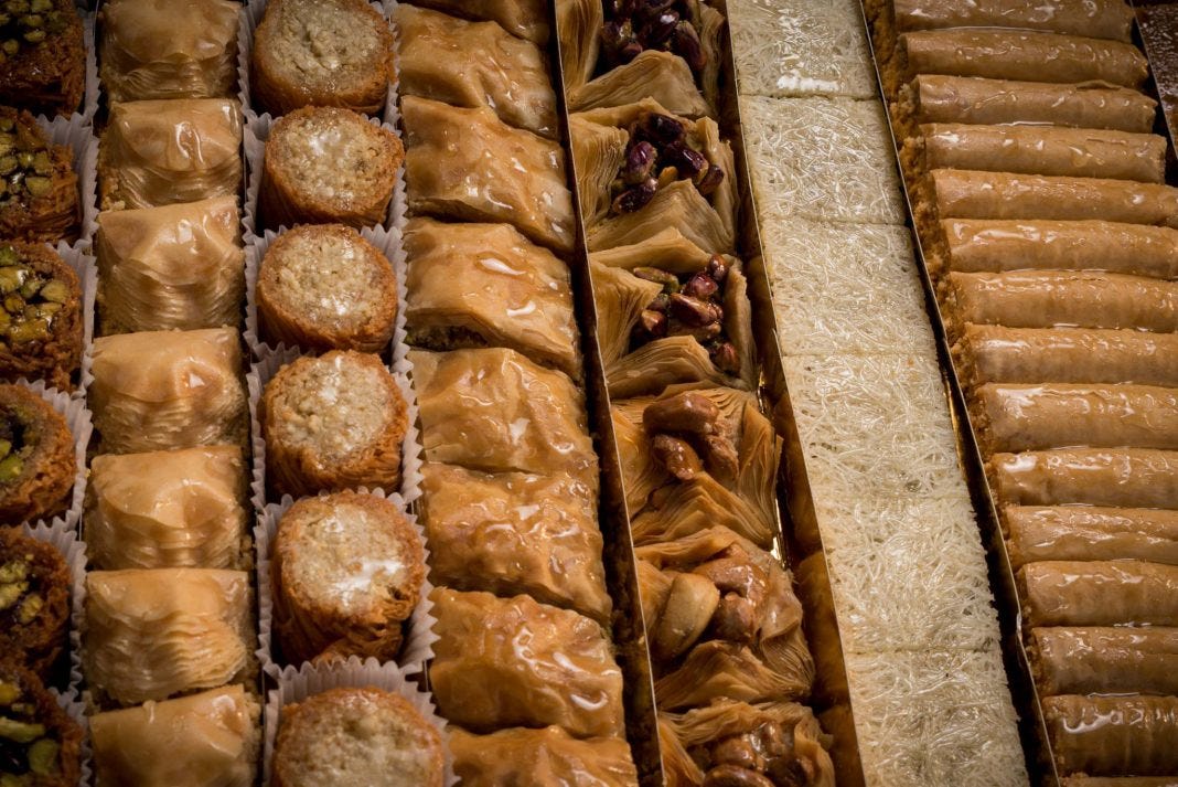 Close-up view of box of various pastries (Shatila)