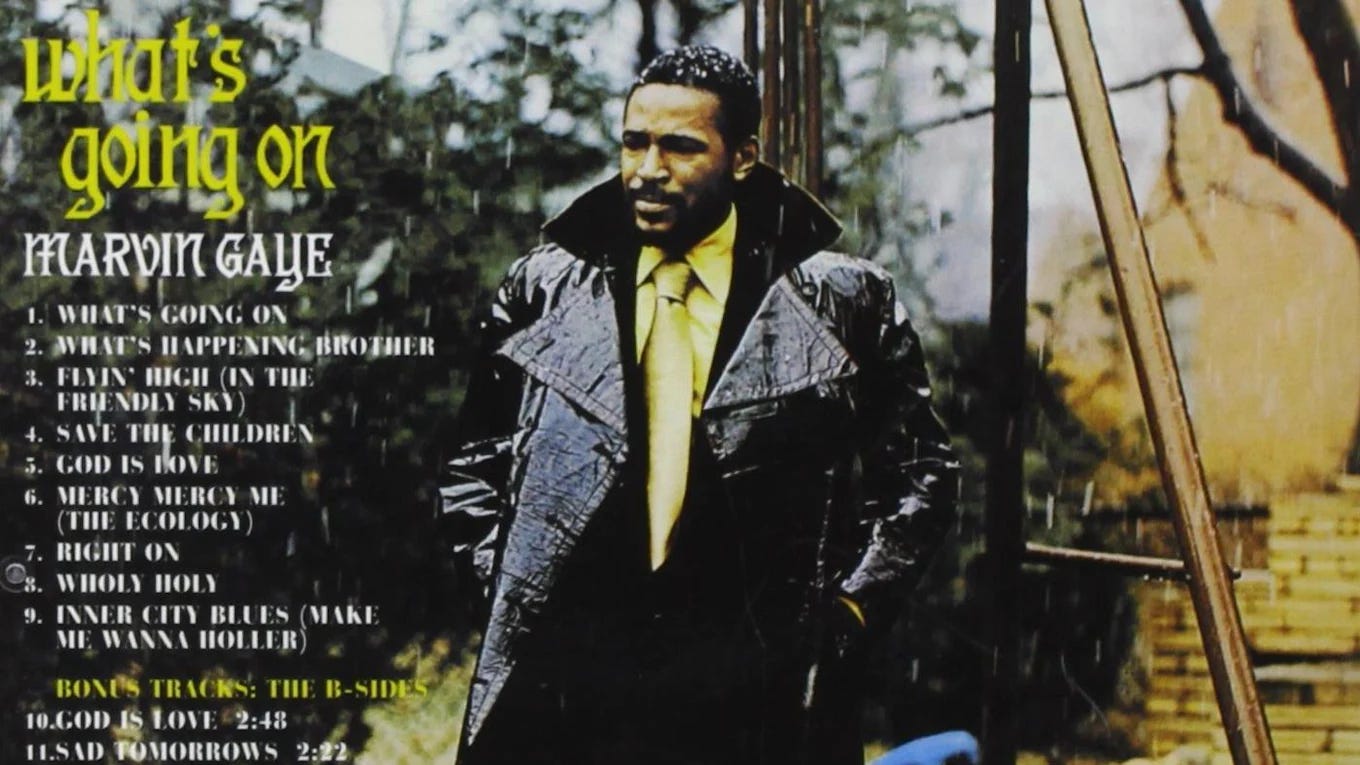 This image shows the track listing from Marvin Gaye's 1971 album What's Going On. The nine tracks' numbers and titles appear in white on the image's left side, underneath the album's title, which appears in yellow. All this text overlays a photo of Gaye wearing a black leather jacket with the collar turned up over a yellow tie and yellow shirt. Gaye stands in what's reportedly his home's back yard. This image shows the track listing from Marvin Gaye's 1971 album What's Going On. The nine tracks' numbers and titles appear in white on the image's left side, underneath the album's title, which appears in yellow. All this text overlays a photo of Gaye wearing a black leather jacket with the collar turned up over a yellow tie and yellow shirt. Gaye stands in what's reportedly his home's back yard.