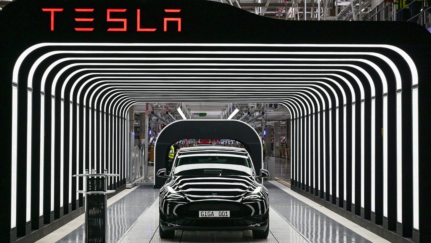 A Tesla Model Y is shown during the start of the production at Tesla's ″Gigafactory.″