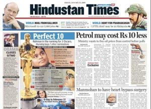 Front Page, Hindustan Times (Jan 23, 2009)
