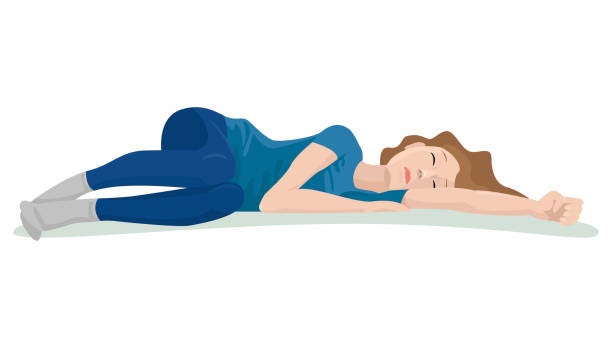 Girl is laying on the floor. Vector illustration Vector girl is laying and suffering up on the floor. Isolated object on white background. Flat style cartoon drawing sleeping on floor stock illustrations