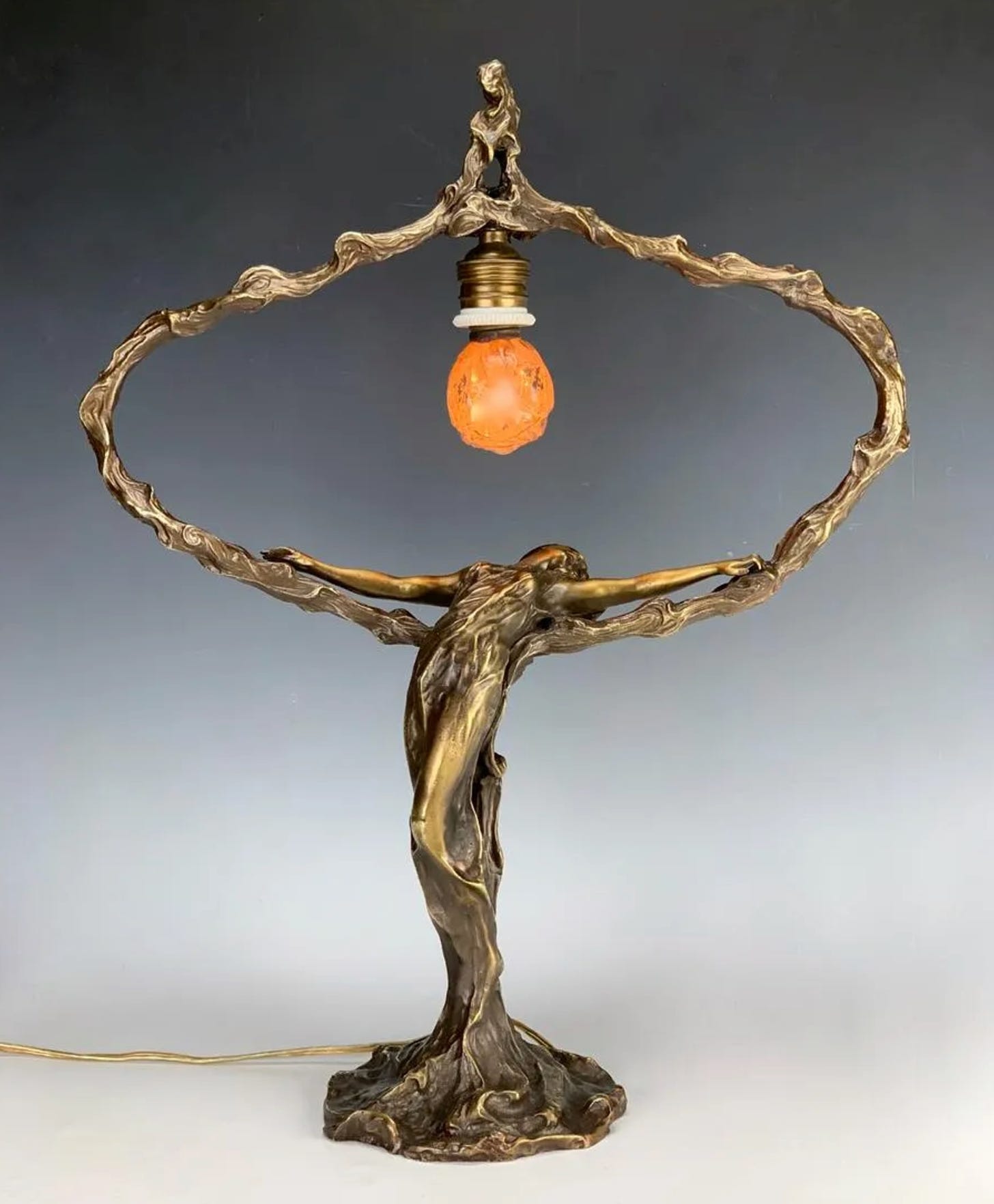 M Méliodon, A Metamorphosis of a Lady into a Tree, gilt bronze lamp, 53 cm H. © Treasure Seeker auction, Pasadena (USA), lot #0101, 2021-04-18.