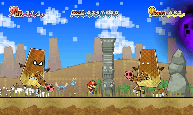 Mario side-scrolling past a couple of pig-trunked… whatevers in Super Paper Mario