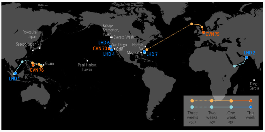 This map shows the accurate locations of U.S. Carrier Strike Groups and Amphibious Ready Groups. It’s publicly available and updated weekly, because what’s the point of having a Big Swinging Navy if you don’t tell people about it?