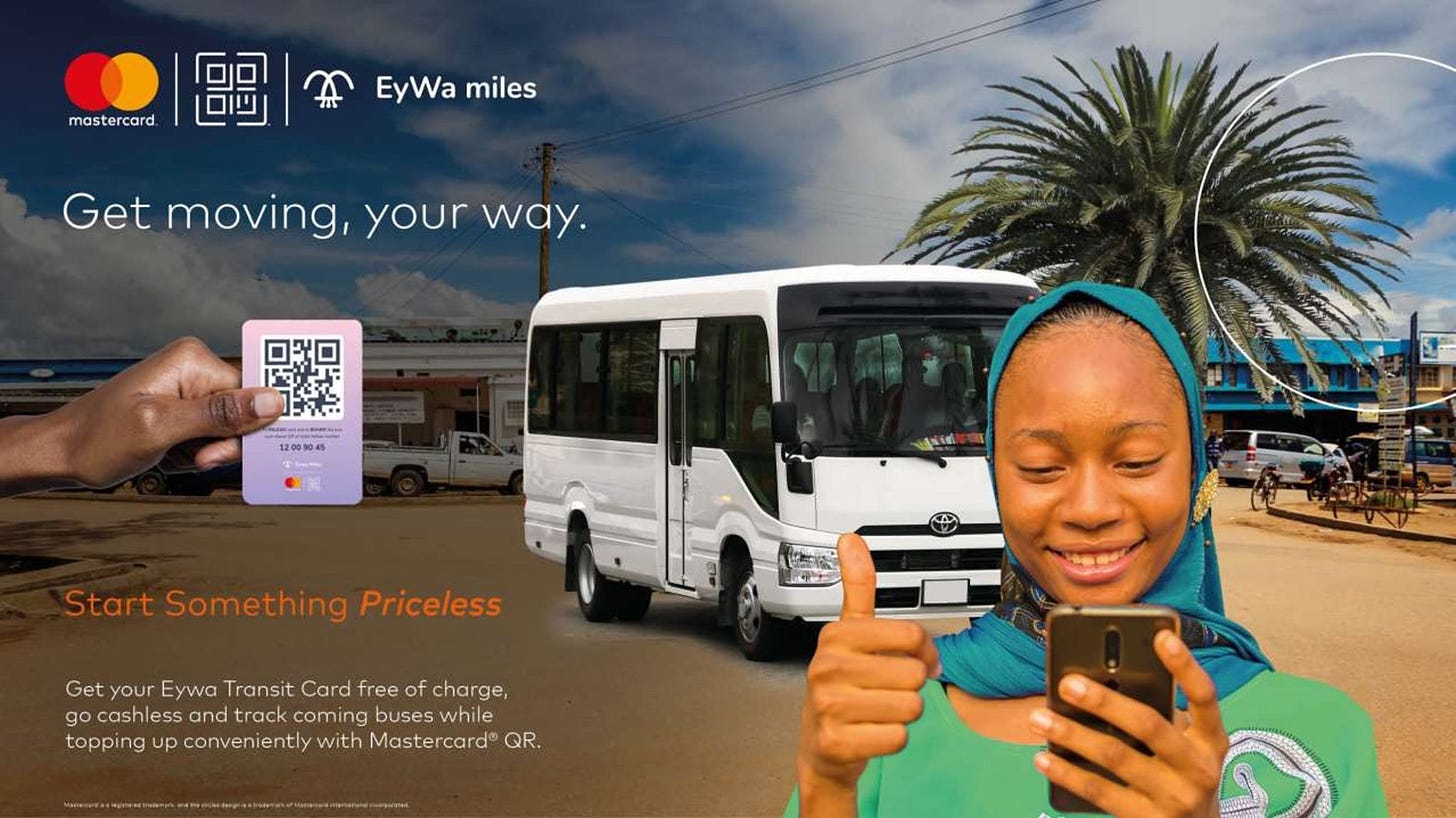May be an image of 1 person, food and text that says 'mastercard EyWa miles Get Gyw moving, your way. 12:009045 Start Something Priceless Get your Eywa Transit Card free of charge, go cashles and track coming buses while topping up conveniently with Mastercard® QR.'