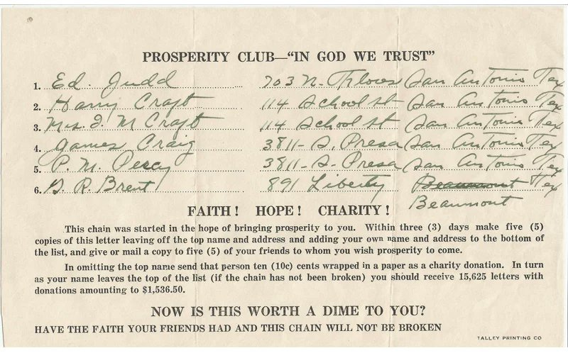 andrew chen ❄️ on Twitter: "A fun example from the past - Prosperity Club chain  letter (mid 1800s) - you filled in 5 names and sent it to friends It worked  so
