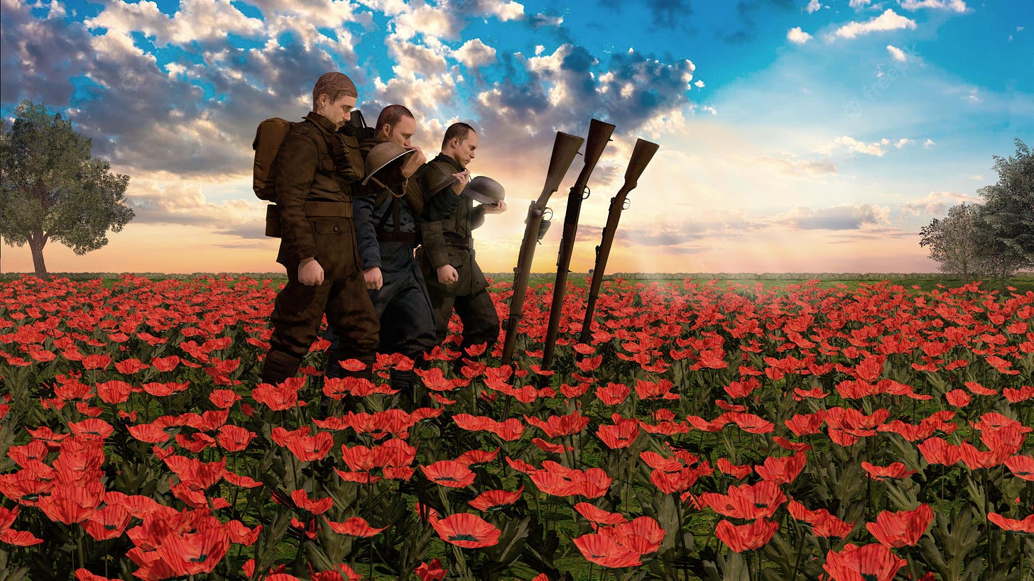 In Flanders fields the poppies blow Between the crosses, row on row, That  mark our place; and in the sky The larks, still bravely singing, fly Scarce  heard amid the guns below. :