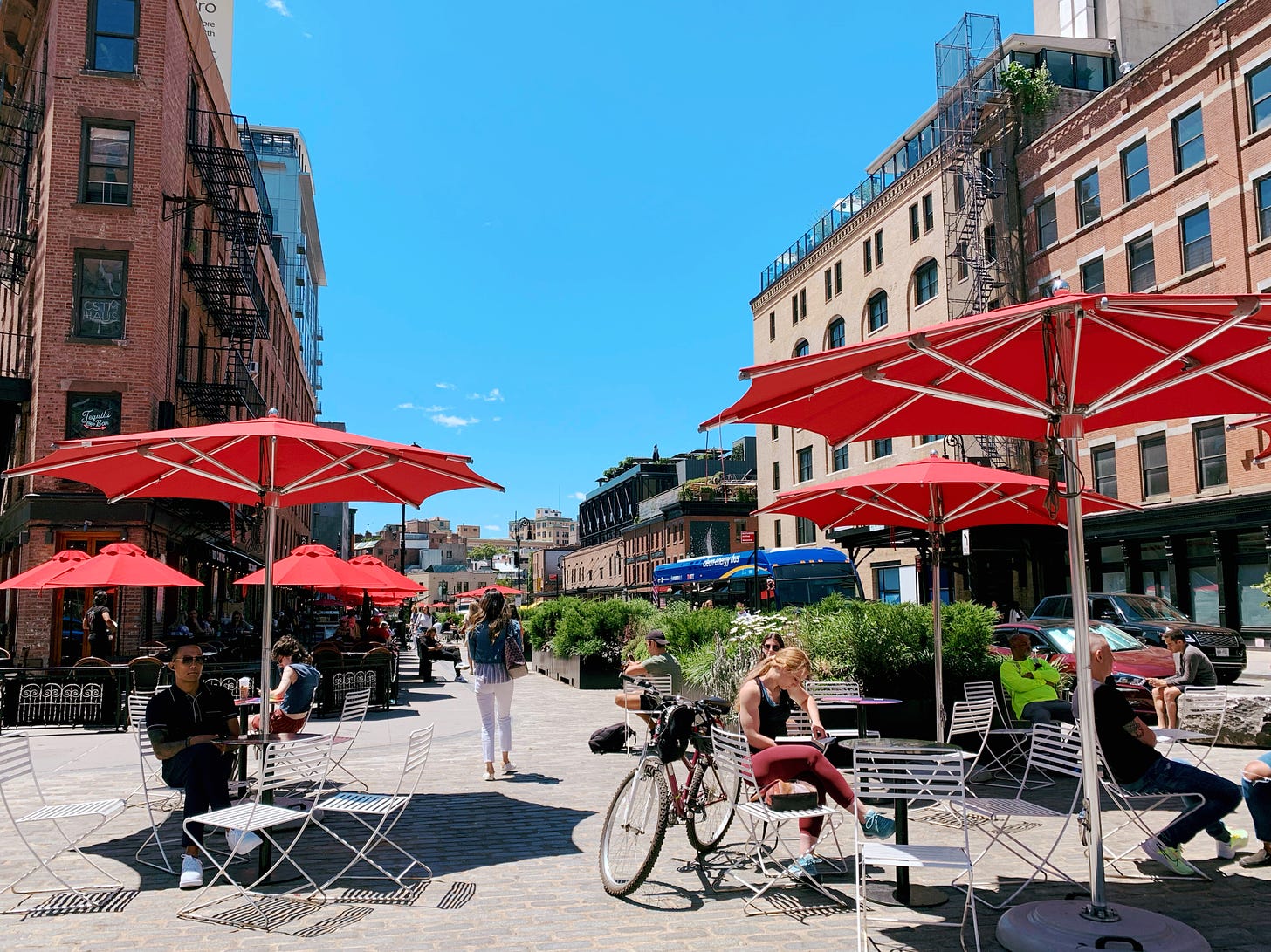 Outdoor plaza where 9th ave meets Hudson St in Chelsea