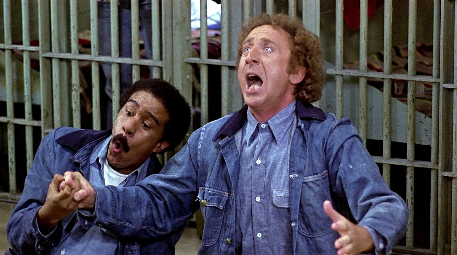 Still from the movie Stir Crazy, featuring Richard Pryor (left), and Gene Wilder (right).