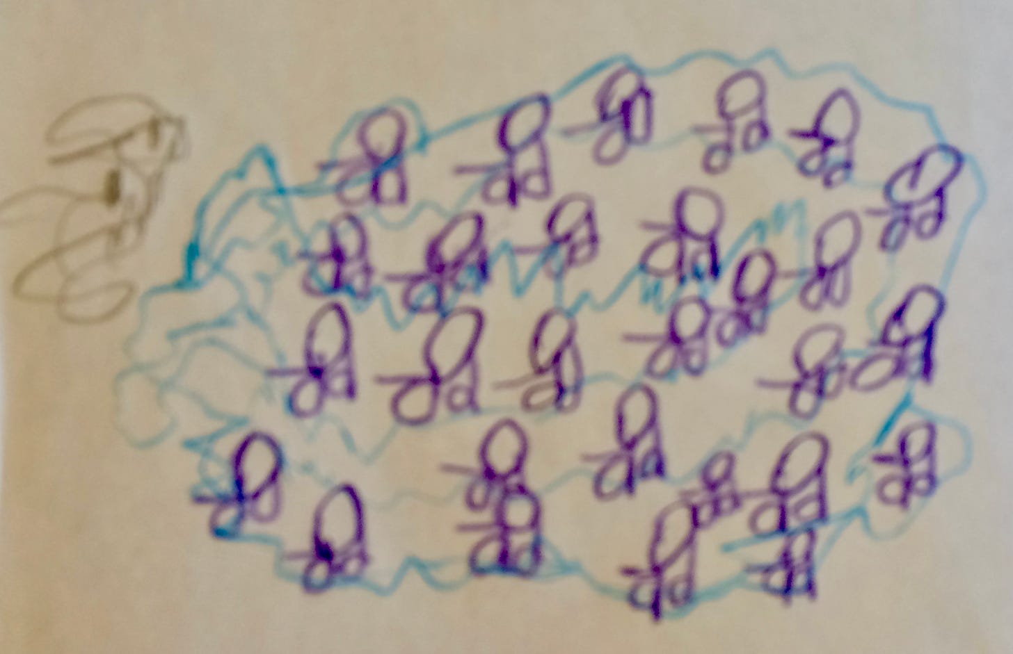Purple figures with sticklike guns surrounded with blue squiggly lines, some in between the figures, moving toward dark penciled figure