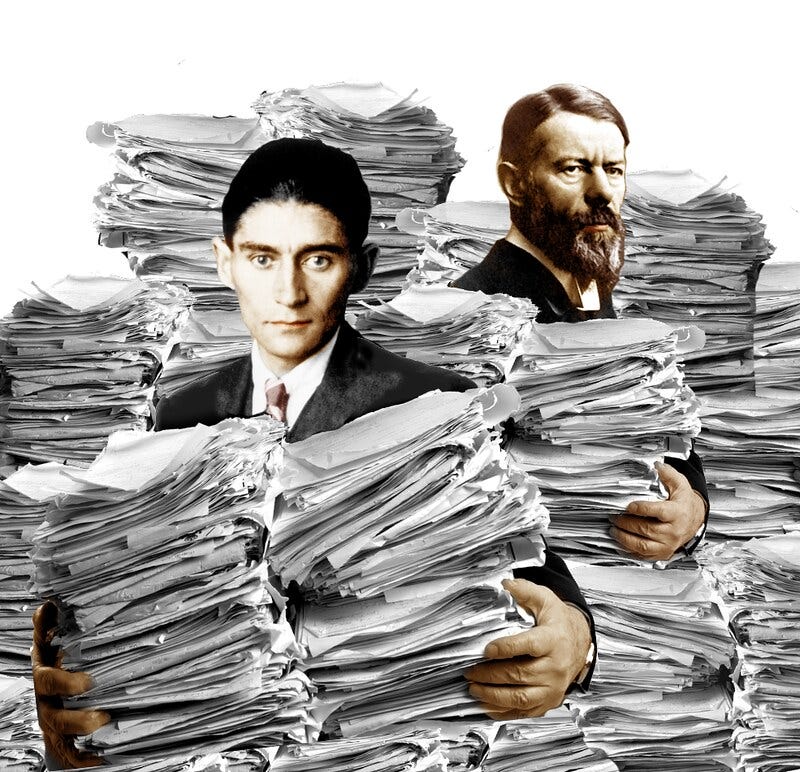 Author Franz Kafka and sociologist and founder of bureacuracy research Max Weber holding stacks of papers