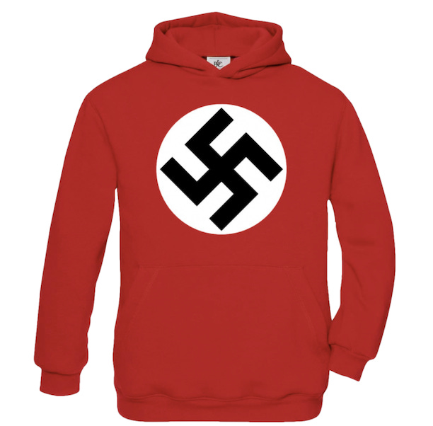 Image description: Picture of a red sweatshirt on a white background. The hooded sweatshirt is scarlet red, with a white circle centered on the front and a black Nazi hakenkreuz in the center of the white circle.