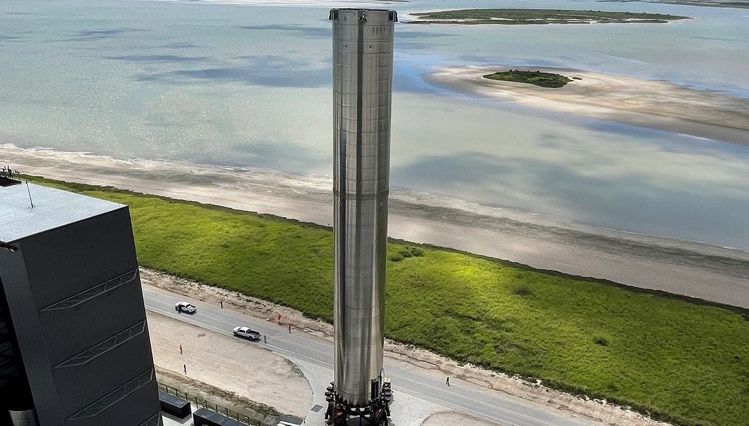 On July 1, 2021, SpaceX's Super Heavy Booster 3 was rolled to the launch pad at Boca Chica for testing. Credit: Elon Musk / SpaceX