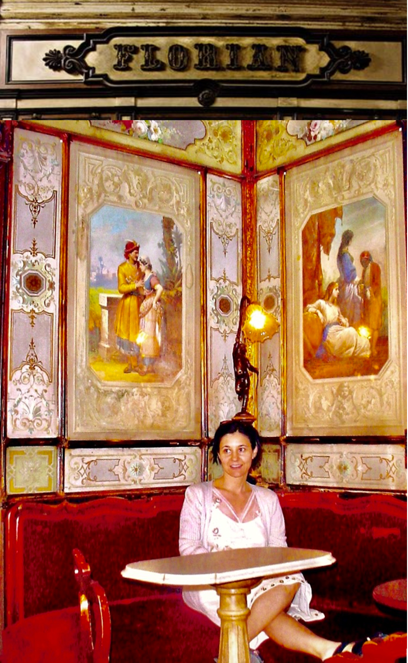 Photo of author Bianca Bagatourian at the CAFFE FLORIAN in St. Mark's Square, Venice, Italy