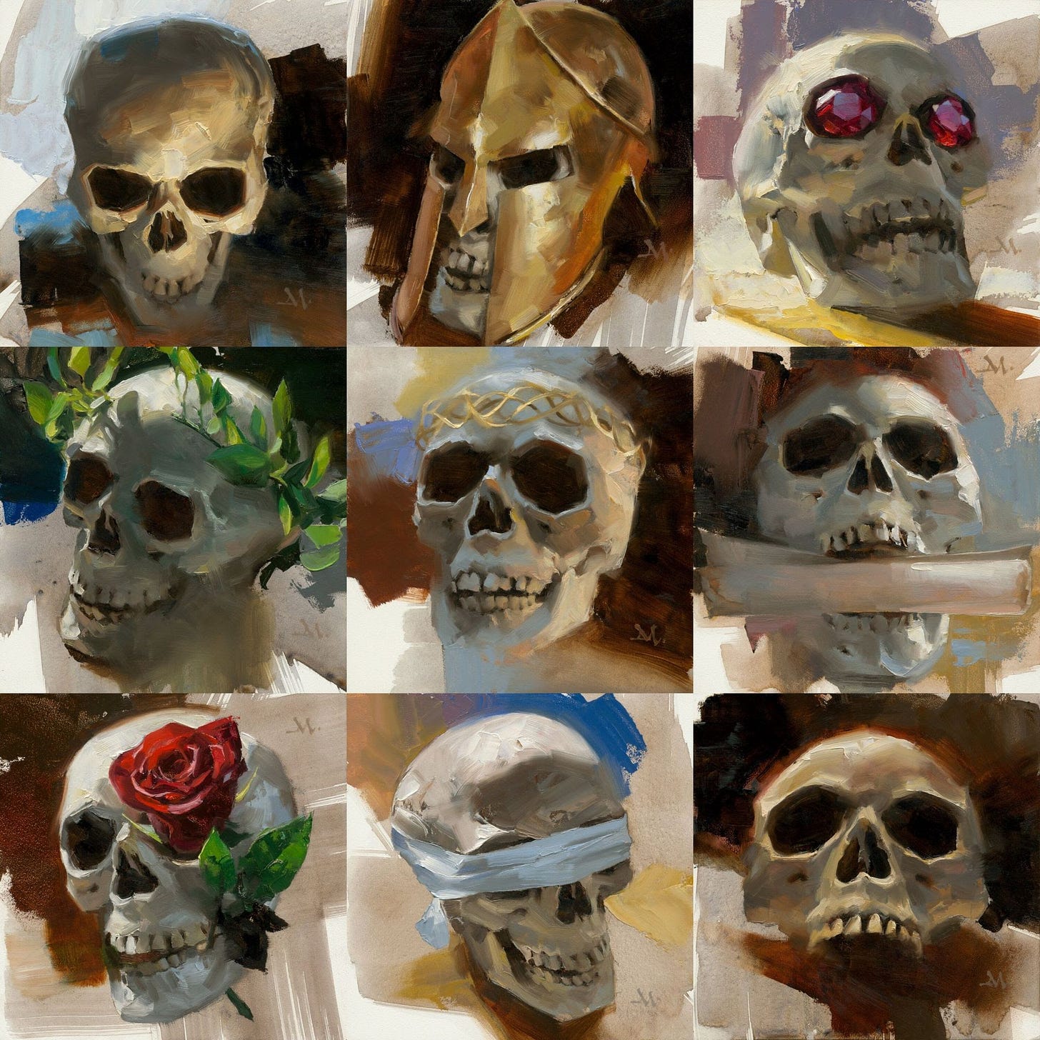 Left-to-right from top left, skulls with the following features: plain; in a Greek-style helmet; with jewels for eyes; wearing a laurel wreath; wearing a gold circlet; holding a scroll in its jaw; with a rose in one eye; with a white blindfold; missing its jaw.