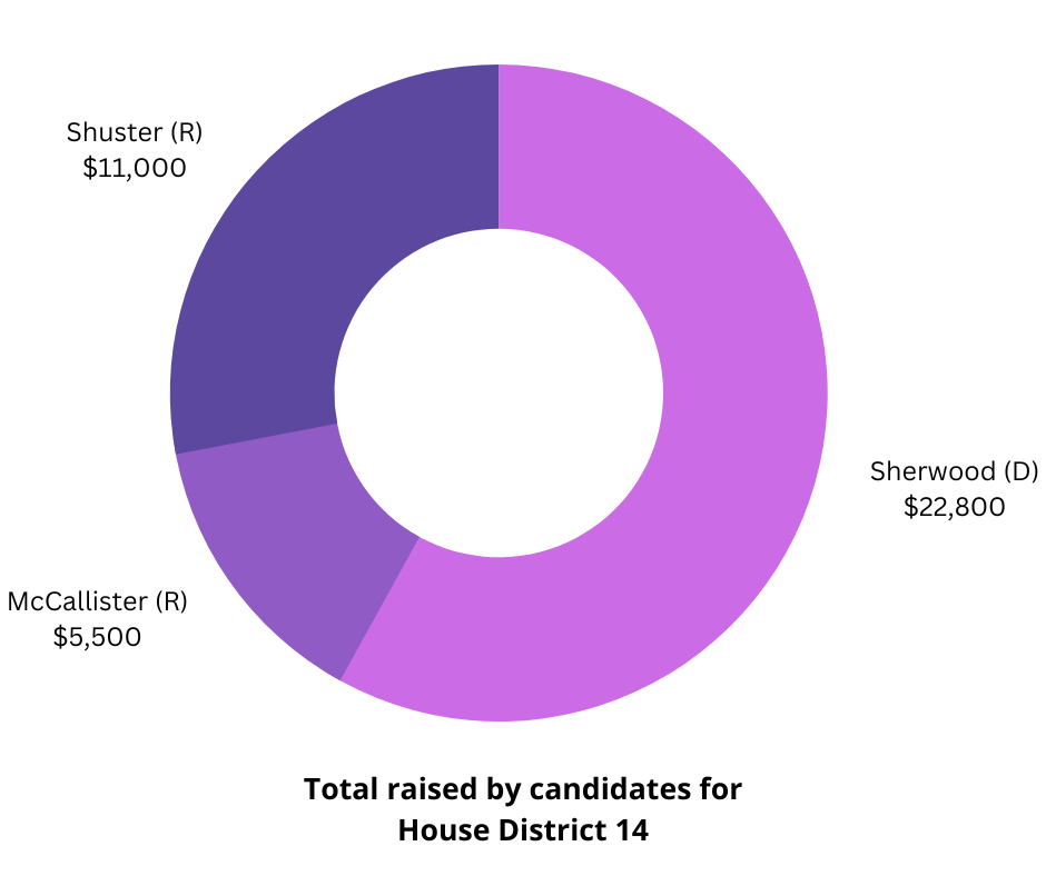 Decorative. Pie chart showing amounts raised by each candidate. Sherwood 22,800. McCallister 5,500. Shuster 11,000.