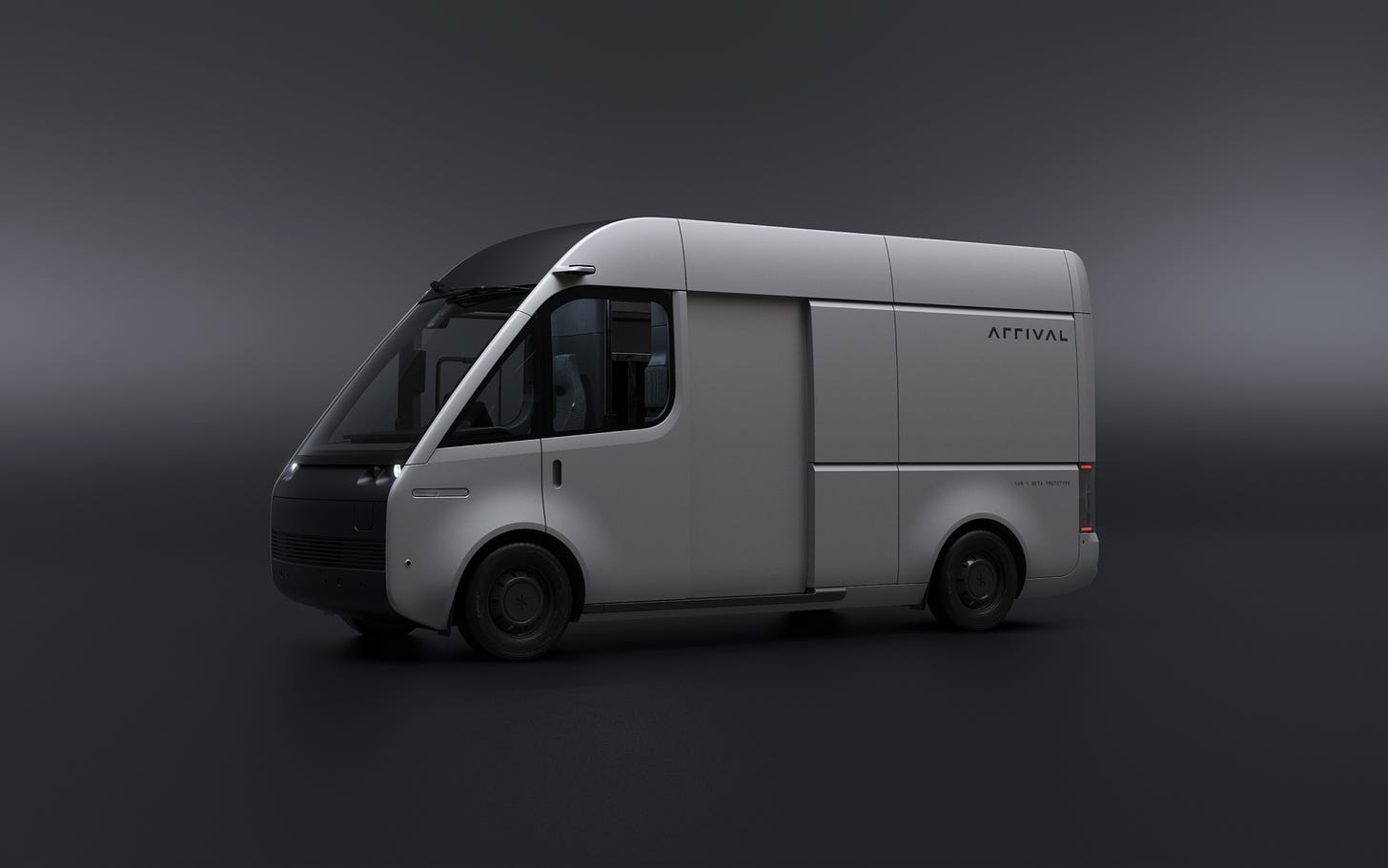 Grey Arrival Van Side View with Nearside Door Open, on a Dark Background