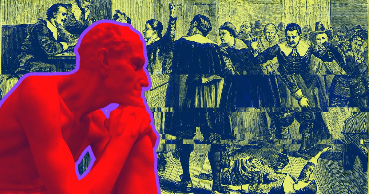 Photo collage of Salem Witch Trial and Satan. The devil overlooks chaos in a puritan courtroom as a suspected witch has a fit. People dressed in Jacobean fashion.