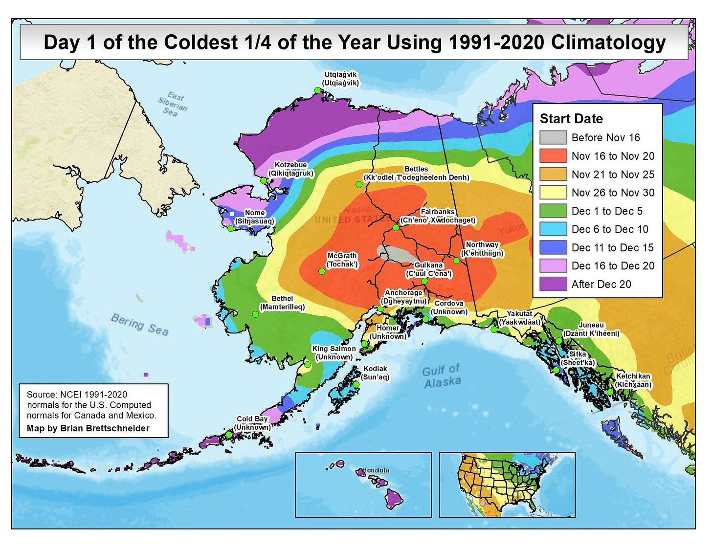 Start dates of the coldest quarter of the year. Most of the Yukon Territory and mainland Alaska south of the Brooks Range have start dates in November. Start dates in Southeast Alaska and southwest mainland Alaska are in early December. The latest dates, mid-December or later, occur on the North Slope south through the Bering Strait and in the Aleutian Islands. 