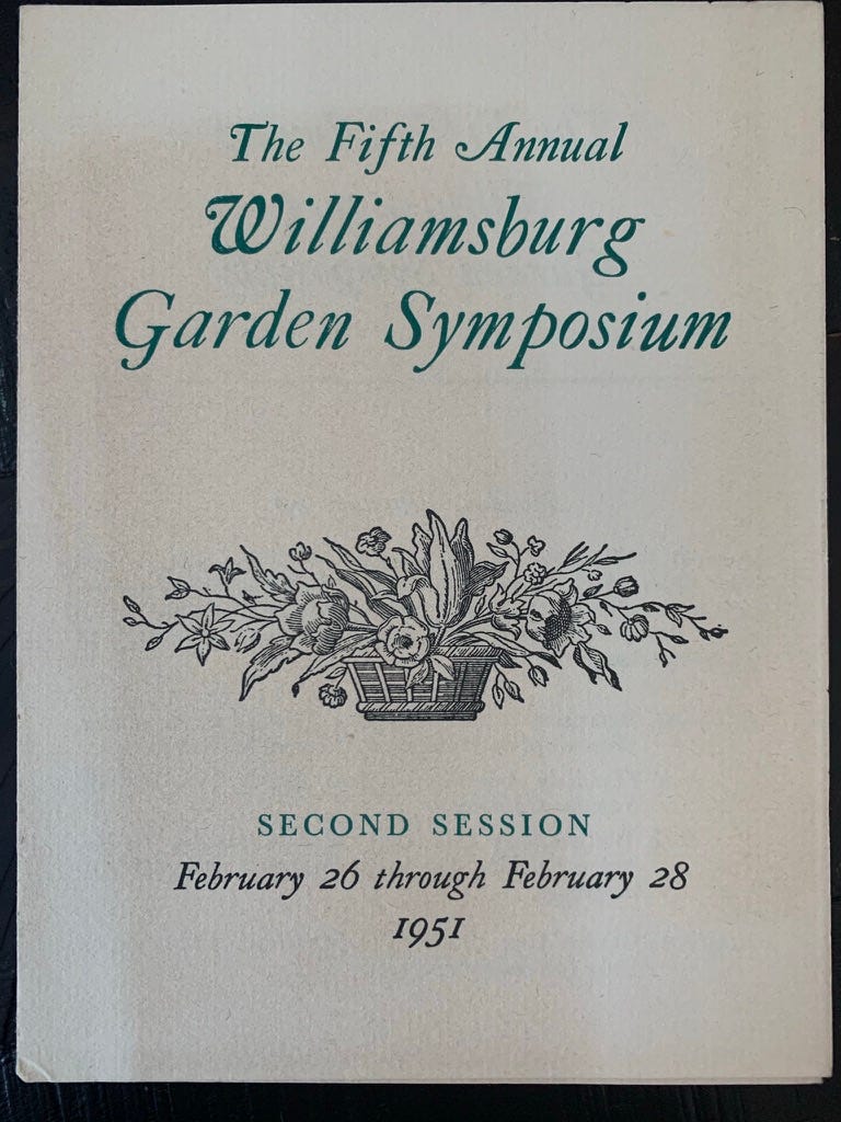 Front of a paper pamphlet that reads "The Fifth Annual Williamsburg Garden Symposium" in green writing with a colonial era block print flower arrangement underneath.
