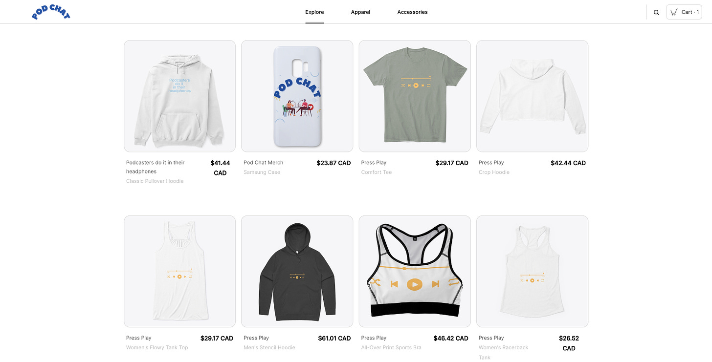 Pod Chat store and merchandise, including t-shirts, hoodies, sports bras, phone cases, and more