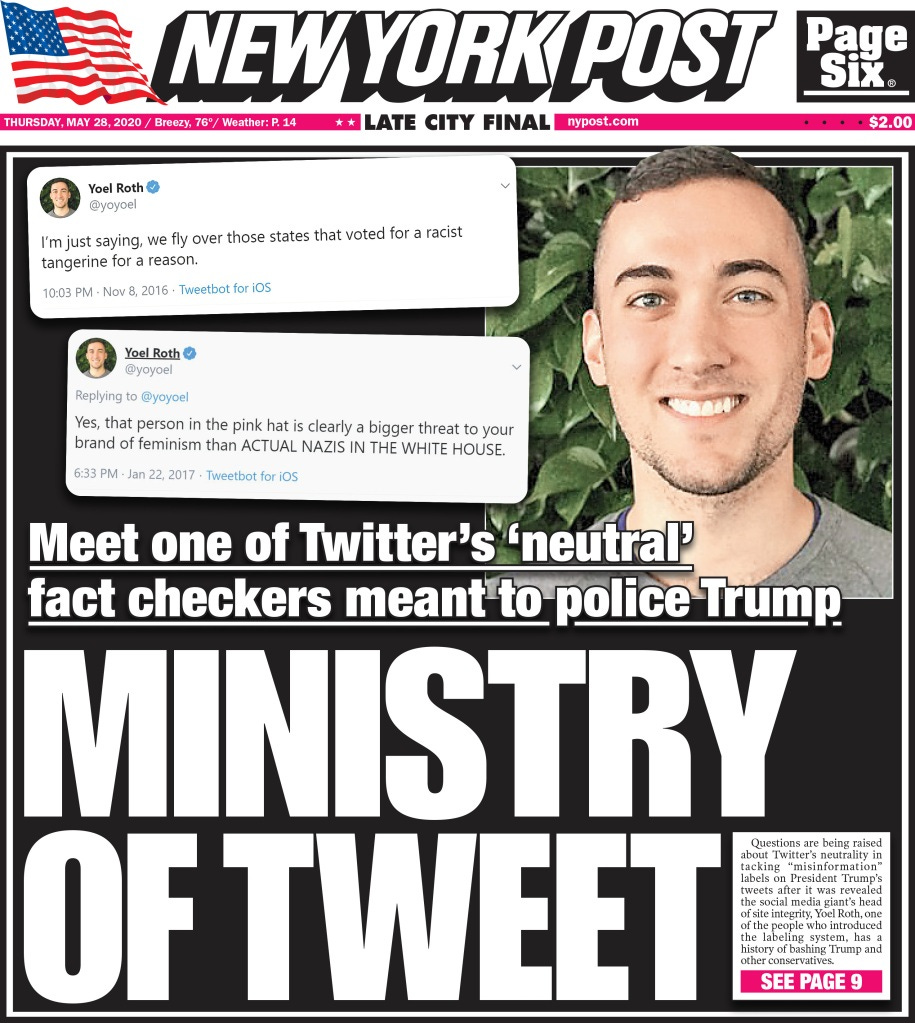 New York Post cover for May 28, 2020 features Twitter fact checker Yoel Roth. 