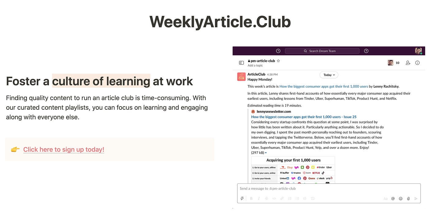 Screenshot of the landing page of WeeklyArticle.Club on Notion