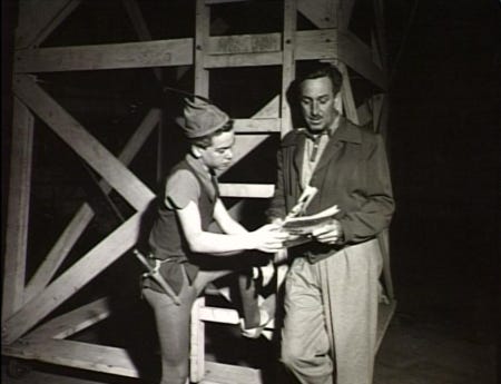 Bobby Driscoll and Walt Disney during the live-action filming of Peter Pan.