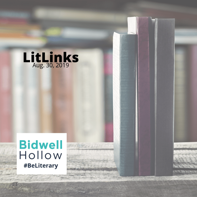 Books standing on a wooden table next to the Bidwell Hollow logo and the words, LitLinks, Aug. 30, 2019, #BeLiterary.