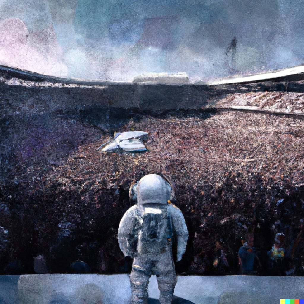 an astronaut overlooking a massive stadium packed with people in the style of digital art