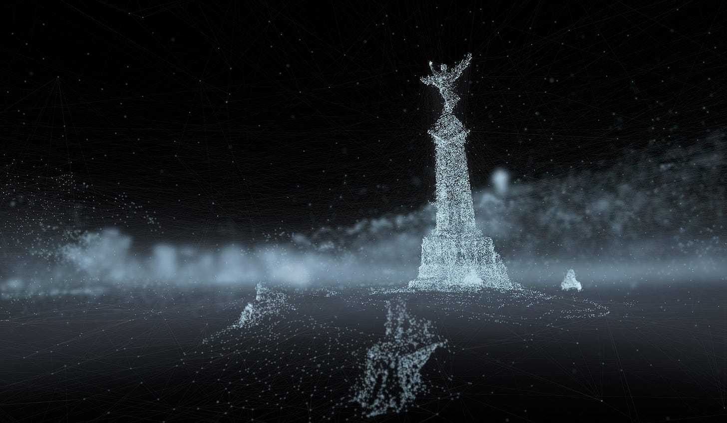 a digital composition depicting points of data rendered as a landmark; a statue of a winged figure on a tall pedestal