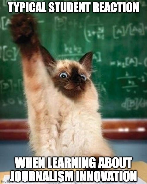  TYPICAL STUDENT REACTION; WHEN LEARNING ABOUT JOURNALISM INNOVATION | image tagged in answer cat | made w/ Imgflip meme maker