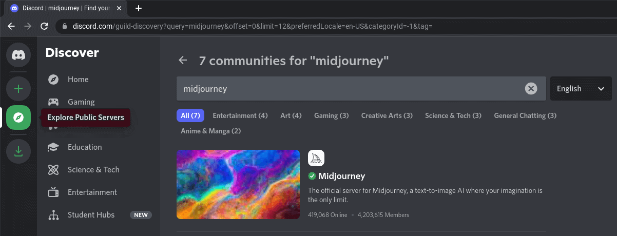 Discord public servers search for Midjourney