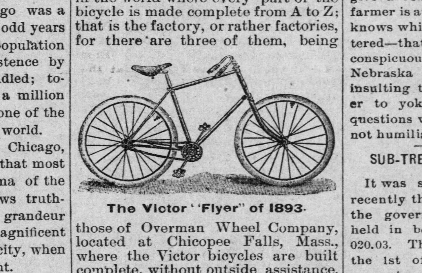Article from The Valley Falls Vindicator newspaper, Valley Falls, Kansas, Saturday, July 29, 1893, featuring a drawing of The Victor "Flyer" safety bicycle of 1893
