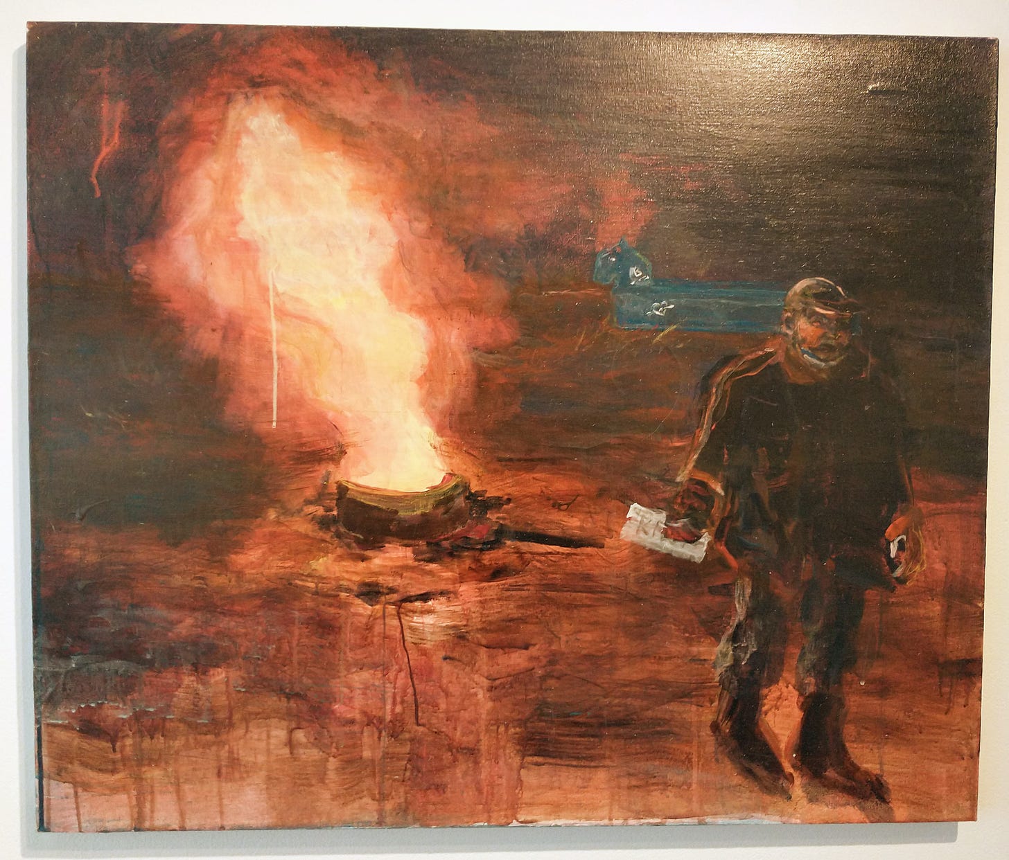 Painting of a glowing fire  with a man walking away holding something white, and a blue horse figure in the background