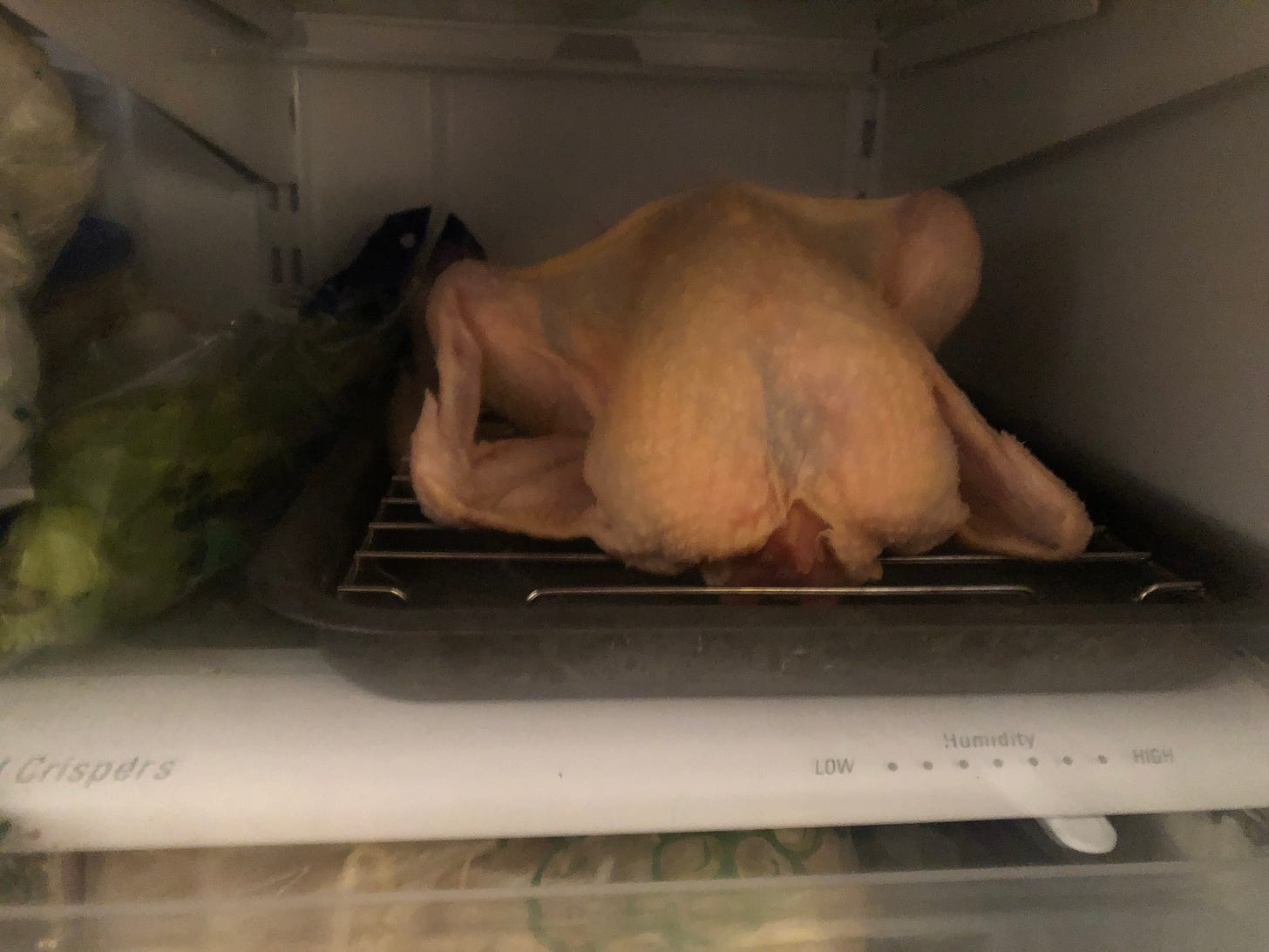 Chicken on rack on tray in fridge