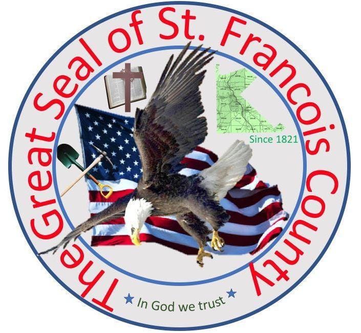 The seal of St. Francois County. I don’t know, man, I’ve never been so fully defeated trying to write alt text. It’s a circle, with red text that says “The Great Seal of St. Francois County” around it, but not really centered on the circle’s center? And there’s a flag and an eagle, and like… a cross over a bible? And a pick and shovel? And a green map? It’s fully crazy, this description doesn’t, and I think couldn’t ever, do it justice.