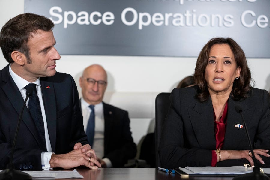 French President Emmanuel Macron, left, and Vice President Kamala Harris speak during a meeting to highlight space cooperation between the two countries, at NASA headquarters in Washington, Wednesday, Nov. 30, 2022. (AP Photo/Alex Brandon) ORG XMIT: DCAB112
