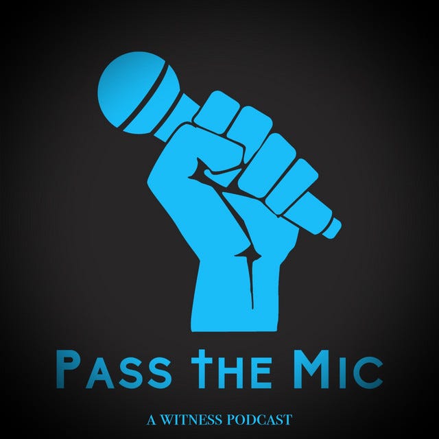 Pass The Mic Logo: Blue fist holding microphone on black background