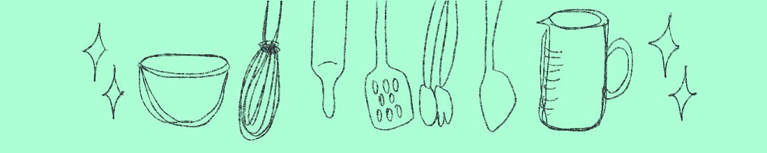 a greenish blue background, a pencil drawing of kitchen utensils hanging, a whisker, a wooden roller, a spatula, some tongs, a measuring cup.