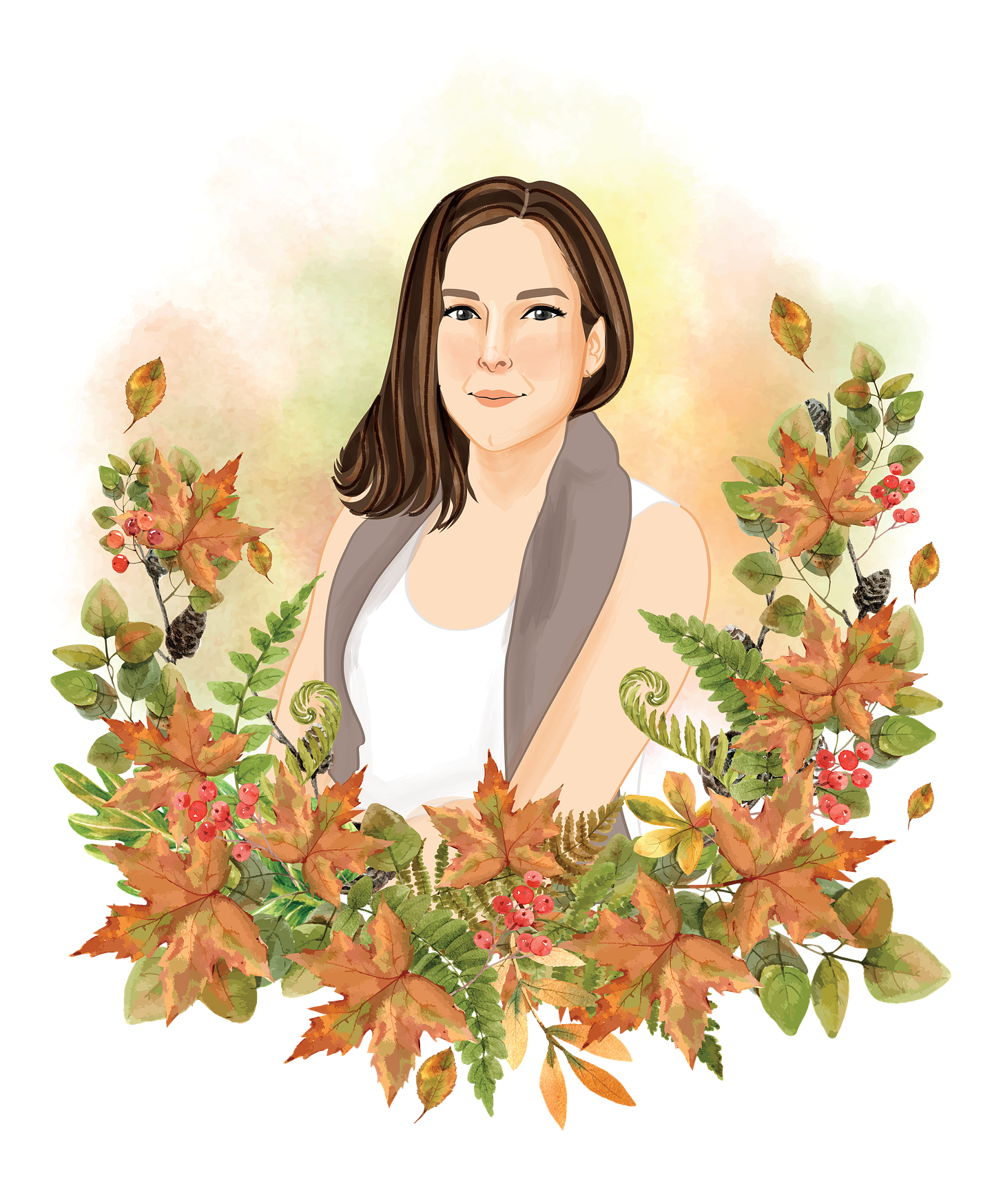 Illustration of woman with Canadian foliage framing portrait
