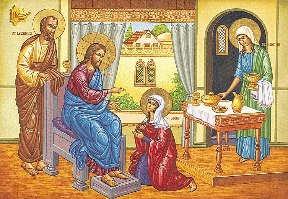 An icon-style image of Mary at Jesus's feet, while Lazarus looks on and Martha works in the background.