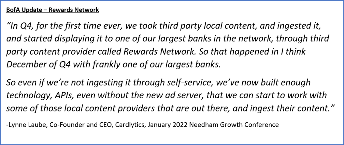 Cardlytics ($CDLX): BofA Renewal & Testing Competitors (Update), Lynne Laube, Cardlytics, CDLX, Needham Growth Conference, Swany407, Austin Swanson, Rewards Network