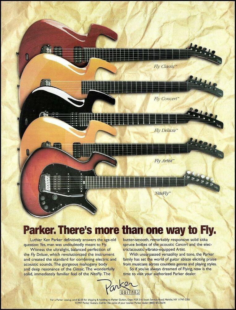 Ads for the Parker Fly, possibly the dorkiest guitar of the 90s, circa 1995-2000  : r/90sdesign