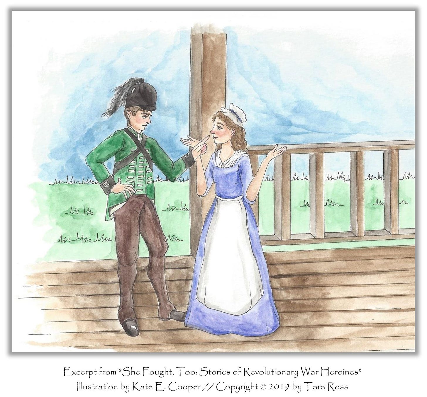 Illustration depicting Martha Bratton. The illustration is an excerpt from “She Fought, Too: Stories of Revolutionary War Heroines” Illustration by Kate E. Cooper // Copyright © 2019 by Tara Ross.