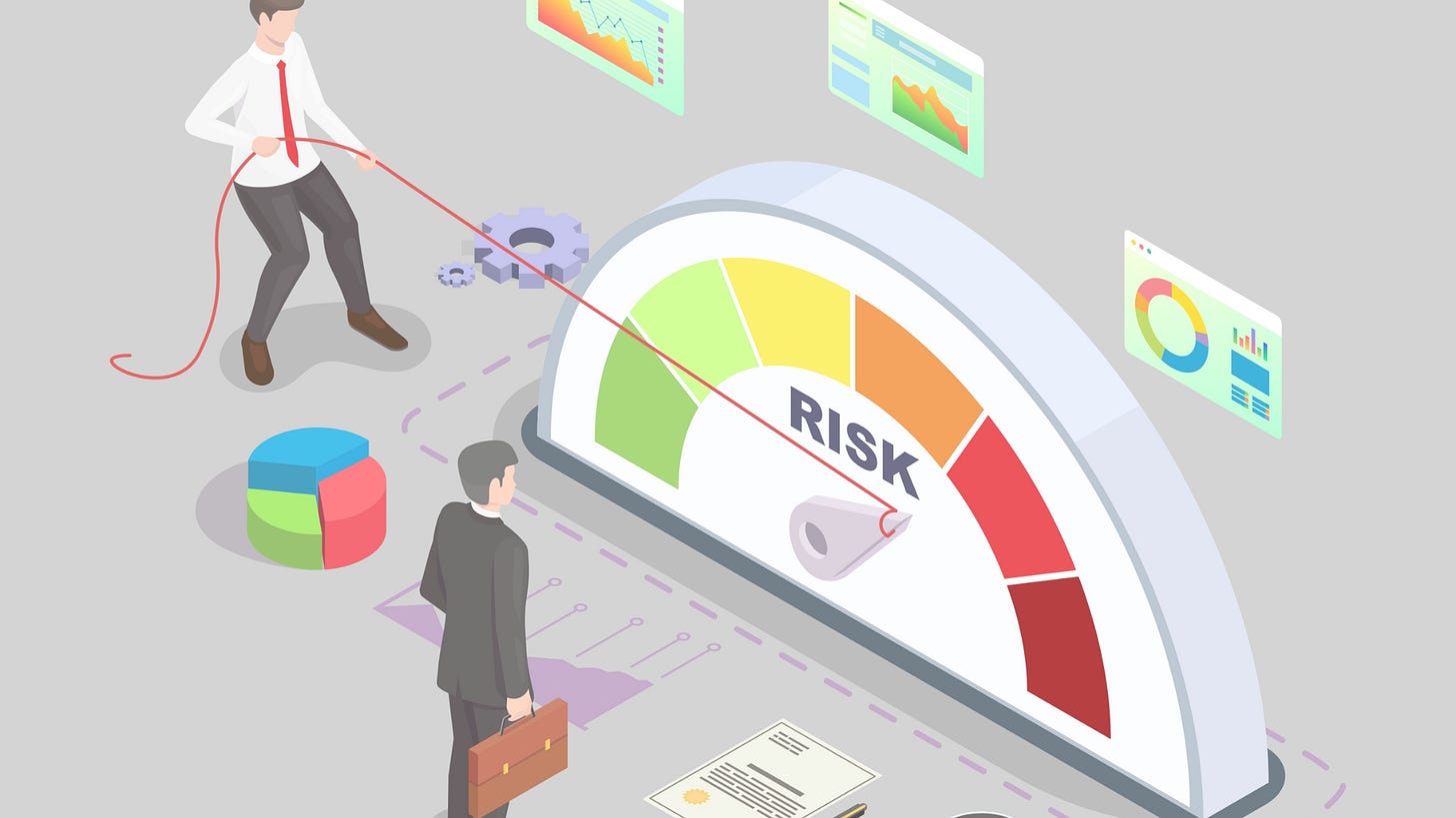 drawing of a man pulling a red string attached to a risk meter while another man in a suit is watching