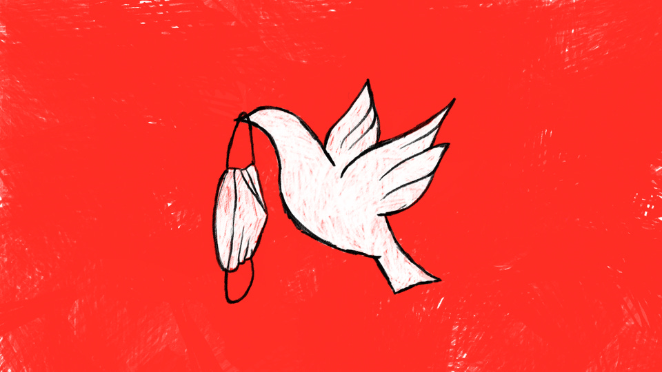 Illustration of a dove carrying a face mask.